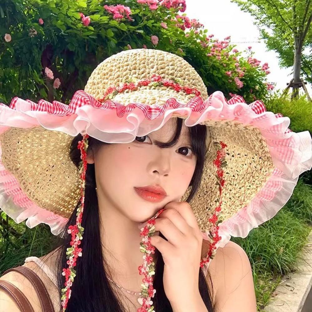 Foldable Lace Trim Hats Sun Protection Straw Sun Visors High Quality Straw Hat  Women Girls
