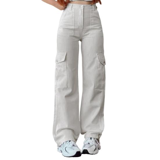Damen-Cargohose, mittelhoher Bund, Knopfleiste, Reißverschluss, lässige Hose mit mehreren Taschen, gerades Bein, lockere Passform, einfarbig, lange Hose