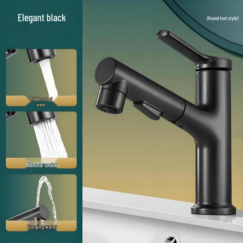 Yipan Black Pull-Out Basin Faucet, 3 Spray Modes