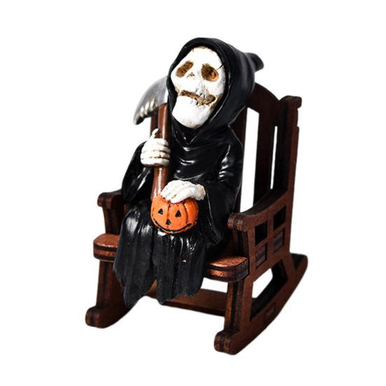 Halloweenská čarodějnice figurka pryskyřice miniatura socha ponurého žence čarodějnice duch v houpacím křesle gotická dekorace na stůl polici