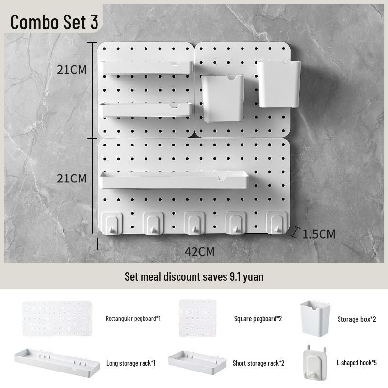 Pegboard Wall-Mount Kitchen Storage Rack for Seasonings - Hole-Free Combinable Shelf