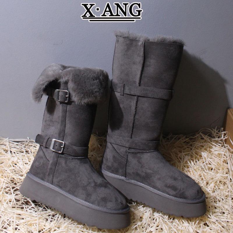 Sangpo leather wool integrated snow boots women's thick-soled non-slip velvet thickened warm cotton shoes medium boots