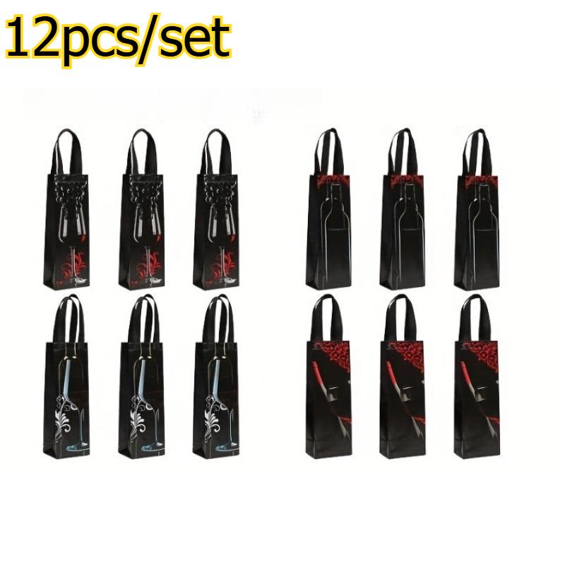12pcs/set Non-Woven Printed Wine Tote Bag Festive Wine Bottle Gift Packaging Bag for Gifting on Holidays & Celebrations чёрный