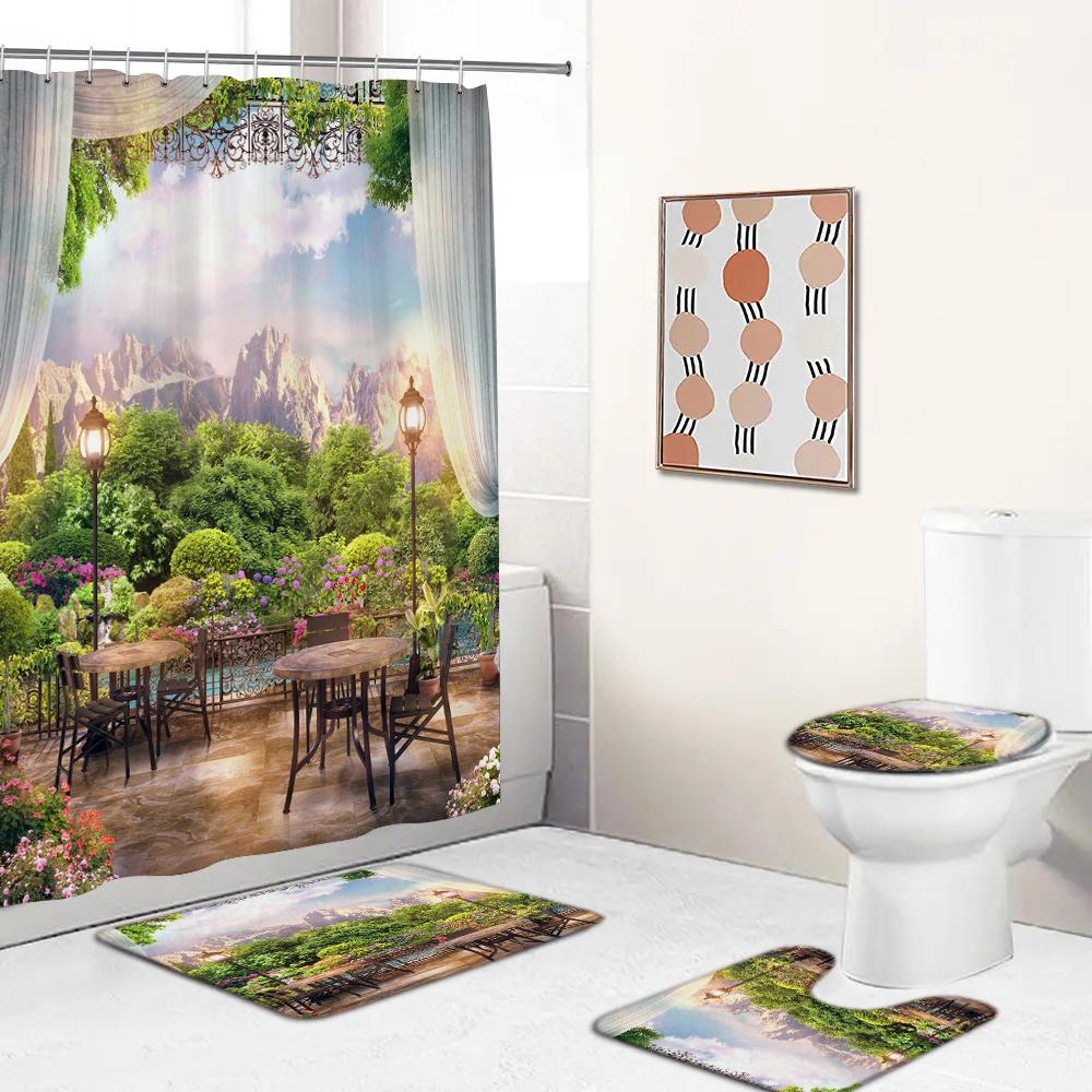 Beach Scenery Pattern Waterproof Polyester Bathroom Curtain With Hooks Anti-Slip Bath Carpet Mat Lid Toilet Cover Home Decor