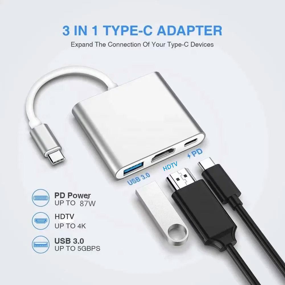 3-in-1 USB C Hub 100W Power USB 3.0 4K HDMI-compatible for MacBook Surface Chrome Steam Deck Stable USB 3.0 USB HUB Adapter