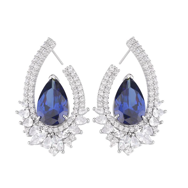 Jewelry Set 925 Pure Silver Needle Stud Earrings Zircon Crystal Dark Blue Zirconium Ring Earrings Women