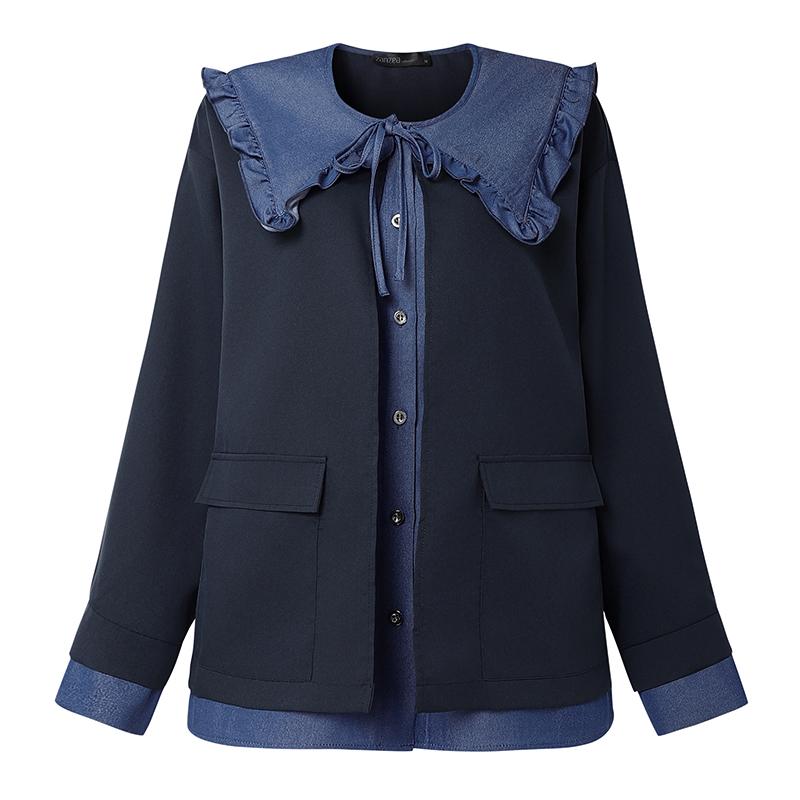 

ZANZEA Женская повседневная блузка с контрастной вставкой, воротником-куклой, свободным длинным рукавом 4XL тёмно-синий