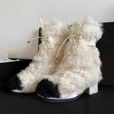 Vinter kaninpäls långa stövlar för kvinnor Varumärkesdesign Lyx Varm fluffig päls skidstövlar Kvinnliga plattform Läderstövlar med snörning