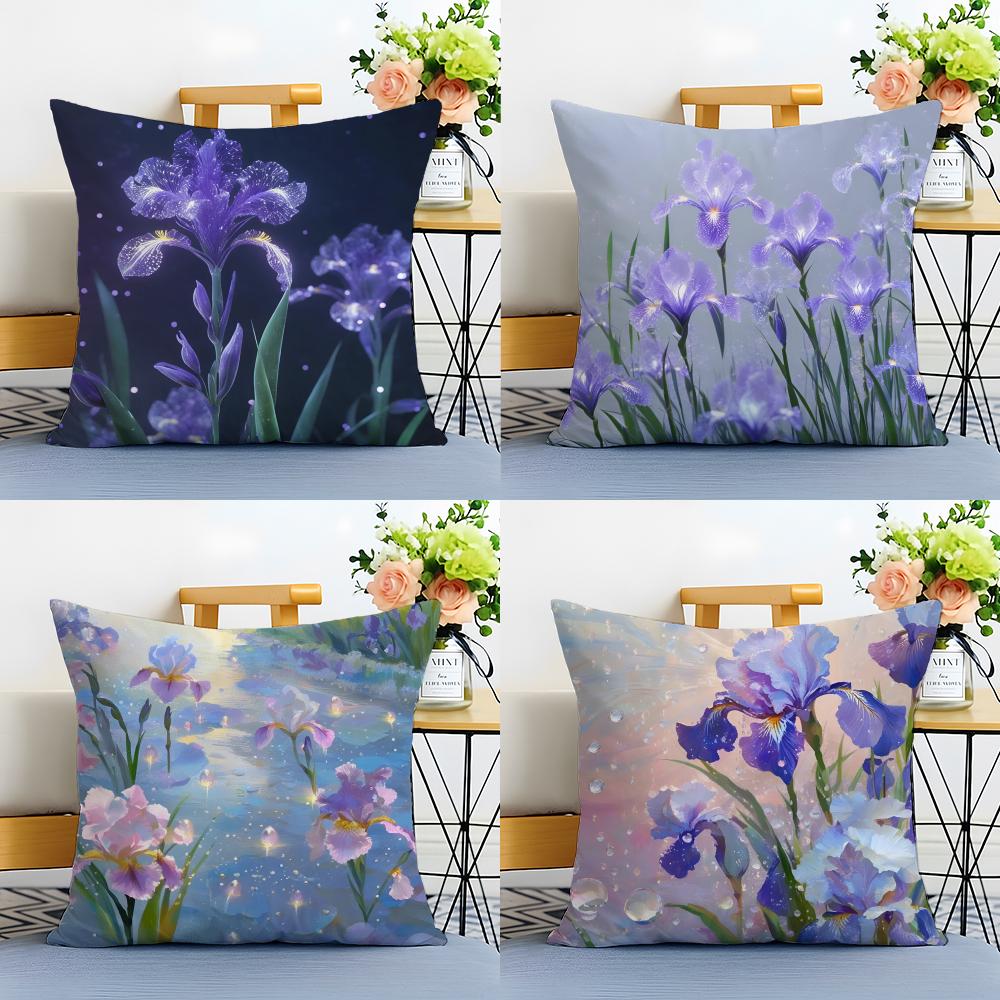 Elegant Natural Beautiful Flowers Iris Cushion Cover Linen Pillowcase Soft for Sofa Bed Home Room Decor
