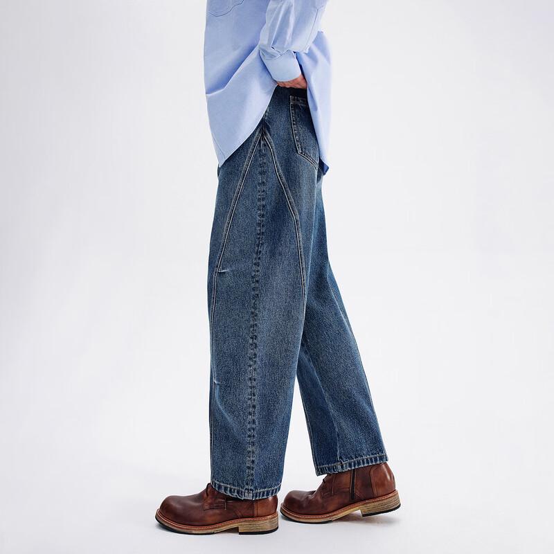 NVG·YOUNG Men's Washed Blue Loose Fit Curved Straight Leg Denim Jeans