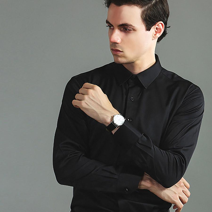 Elastic Non Ironing Men's Long Sleeve Shirt Solid Mercerized Vertical Oversize Men Shirts White Black Blue Top