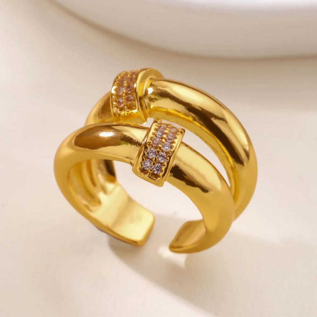 Zircon Double Round Rings For Women Gold Color Stainless Steel Geometric Adjustable Finger Rings Wedding Couple Jewelry Gifts
