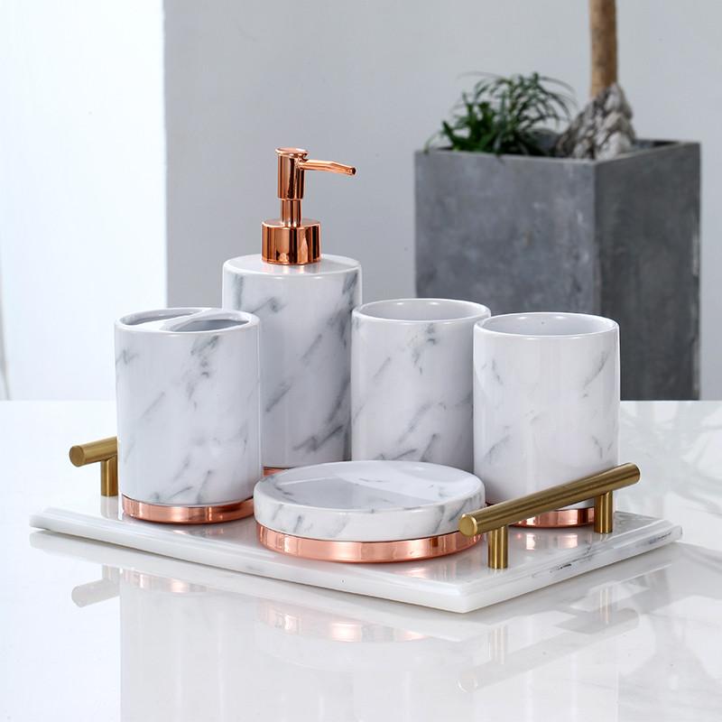 Bathroom Accessories Set Ceramic Tooth Brush HolderSoap Dish Soap Dispenser Gargle Cup European Style Bathroom Set Wedding Gift