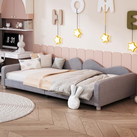 Children Bed Upholstered Bed 90x200cm, Frame Fabric Multifunctional Soft Bed with Backrest and Armrest, Sofa Bed Bed, Youth Bed Guest Bed Gray