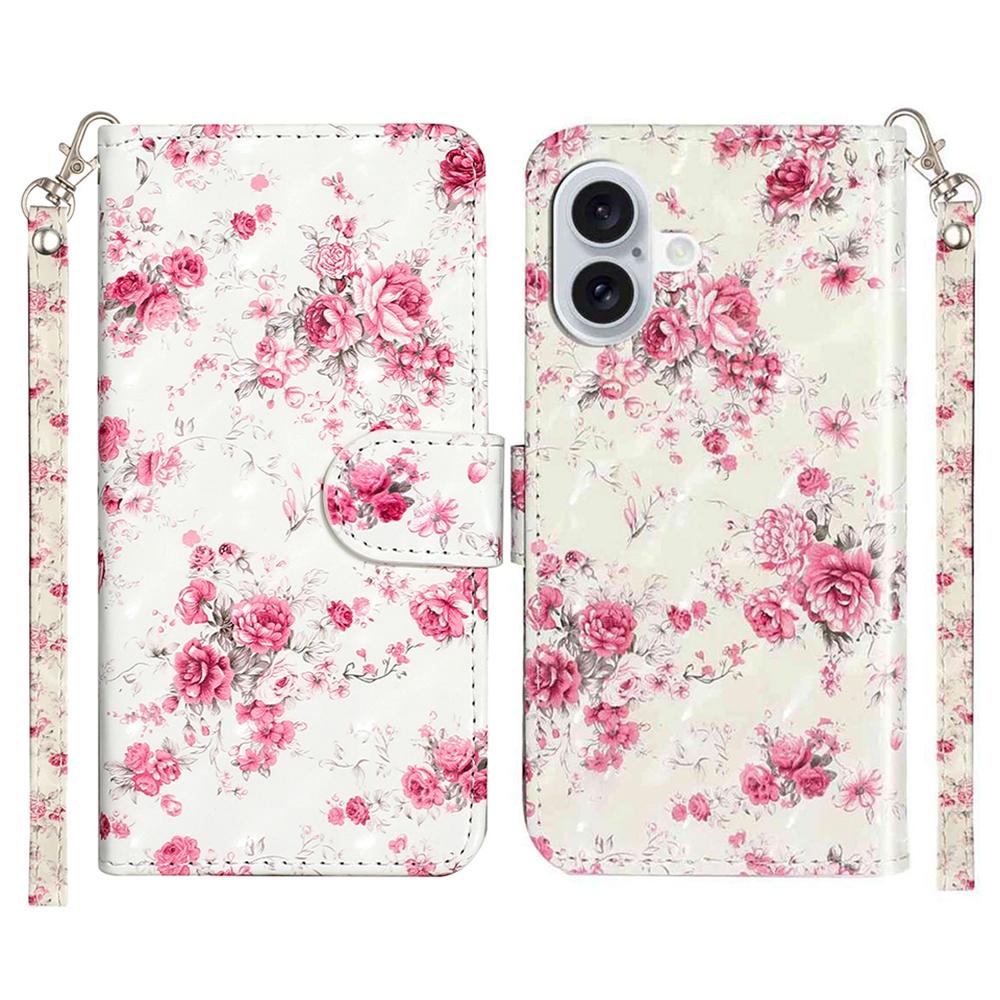 

For iPhone 17 Wallet Case 3D Pattern Printed Leather Phone Cover with Strap Roses