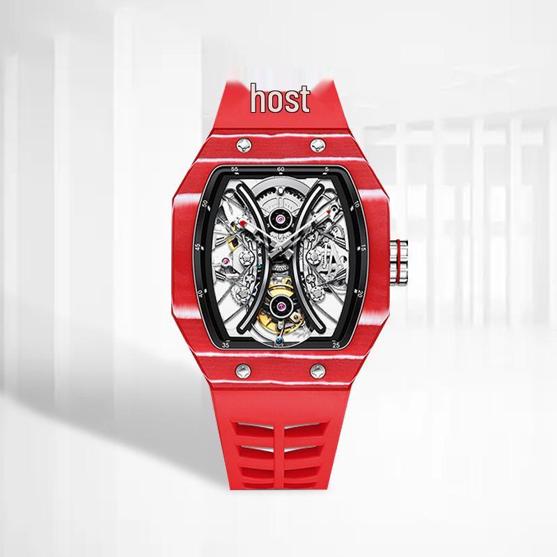 Ceas Mecanic de Modă Swiss True Tourbillon pentru Bărbați cu Curea de Cauciuc și Design Pătrat Gol
