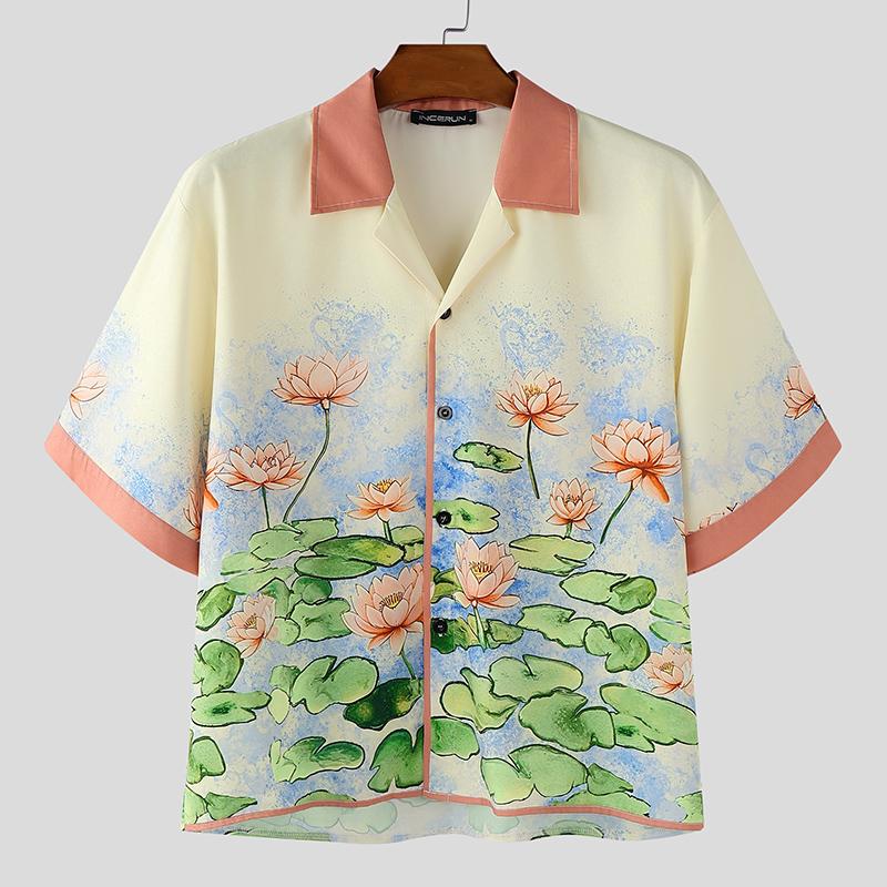 

INCERUN Oversized Men Stitching Casual Loose Short Sleeve Print Shirts Tops 5XL светло-розовый