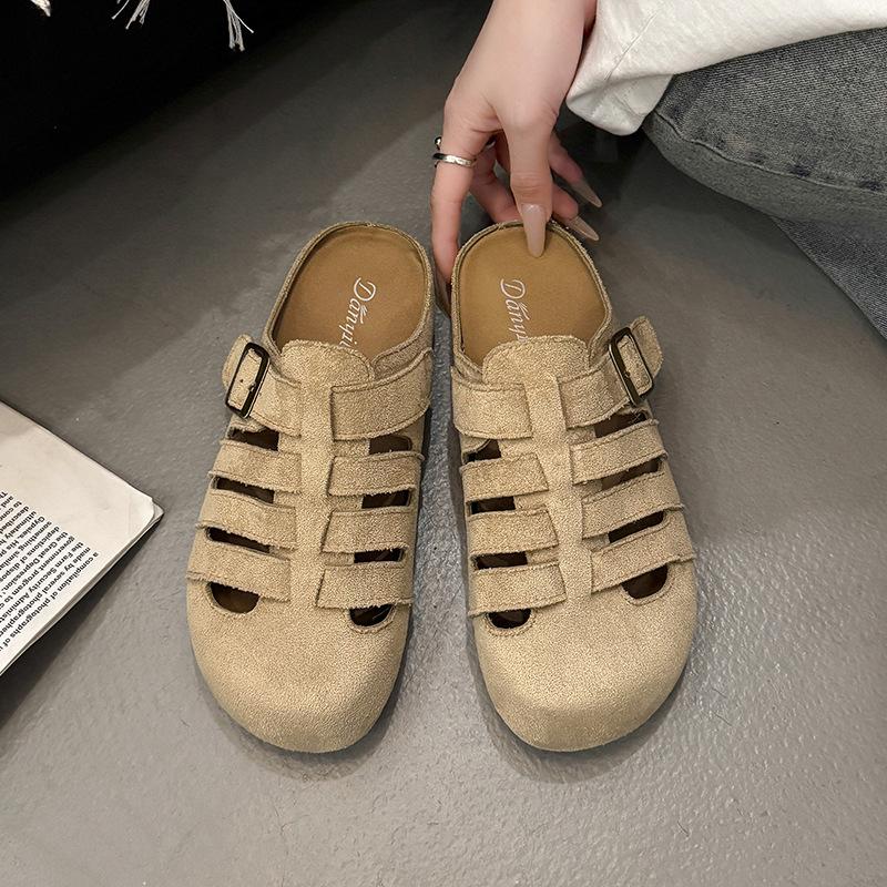 

Baotou half slippers women s summer outer wear 2025 new retro woven hollow breathable comfortable flat bottom lazy sandals 40 хакі