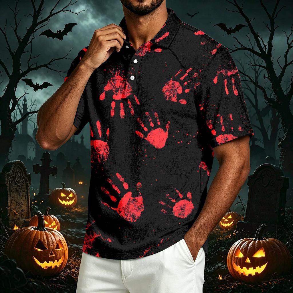 Men's Casual Short Sleeve Polo Shirt Lightweight Breathable Cotton Linen Fabric Halloween Print Design Button Down Collar