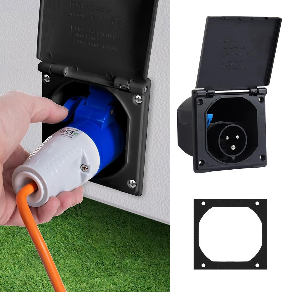 CEE Caravan Power Supply Plug 3 Pin 230 V / 16 A Ma Hook Up Socket Camping Extension Plug With Hinged Lid