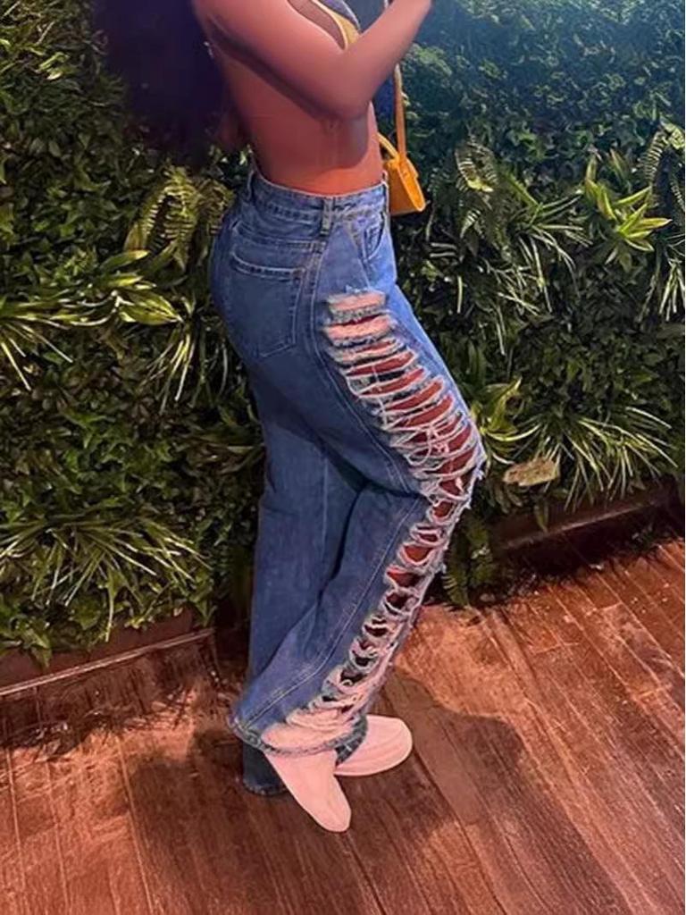 Distressed Sexy Hot Girl Street Trendsetter Slim Ripped Washed Denim Pants for Women