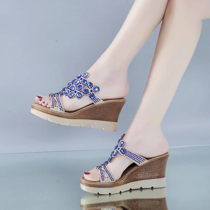 Women Summer Fashion Elegant Shoes Peep Toe Breathable Anti-slip Beach Sandals Rhinestone Slip-On Wedges Platform Sandals