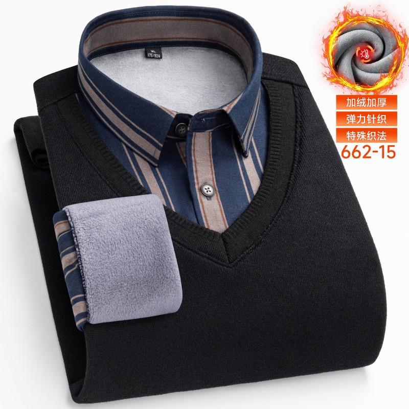 Fleece Fake Two-piece Men's Shirt Collar Middle-aged Elderly Casual Loose Bottoming Thickened Pullover Sweater