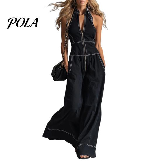 Tuta da donna senza maniche, con zip, colletto alto, pantaloni a gamba larga, Rompers, Abiti estivi casual monopezzo con tasche, Articoli in saldo