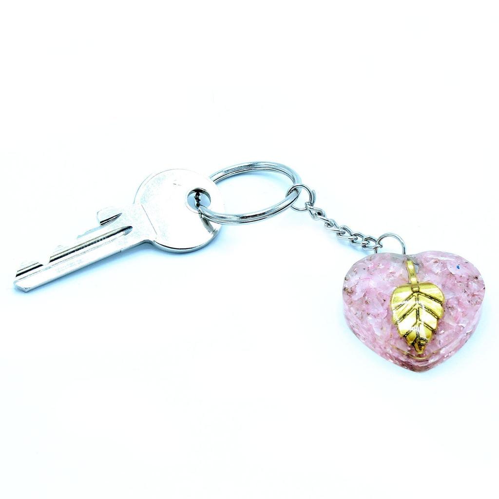 Orgonite Keychain Rose Quartz Heart Golden Leaf