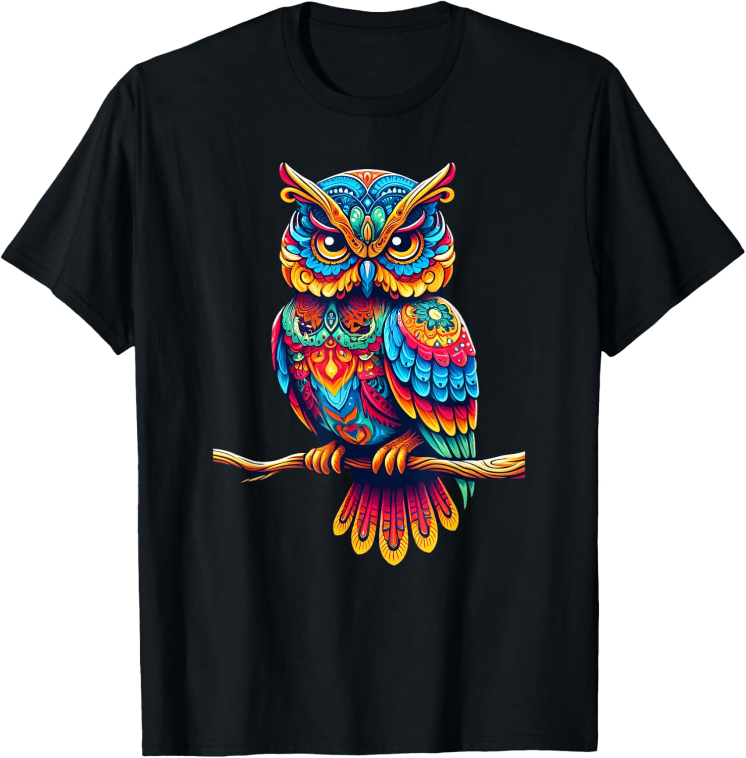 

Colorful Psychedelic Owl Perched on Branch Graphic T-Shirt Casual Cotton Tee for Men 4XL