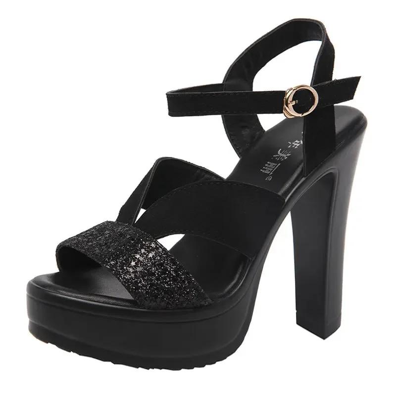 

11cm 13cm Small Size 32-43 Elegant Block High Heels Shoes Platform Sandals 2025 Summer Women s Bling Leather Sandals Model Dress 32