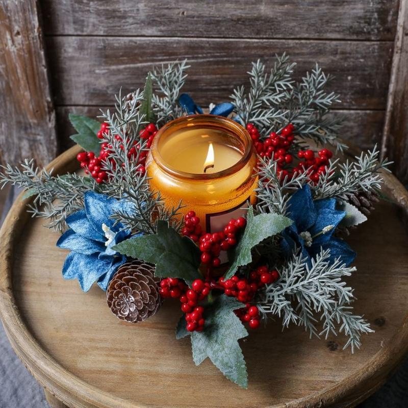 Door Wall Window Christmas Ornament Artificial Pinecone Candlestick Wreaths with Red Berries & Leaf Table Centerpiece