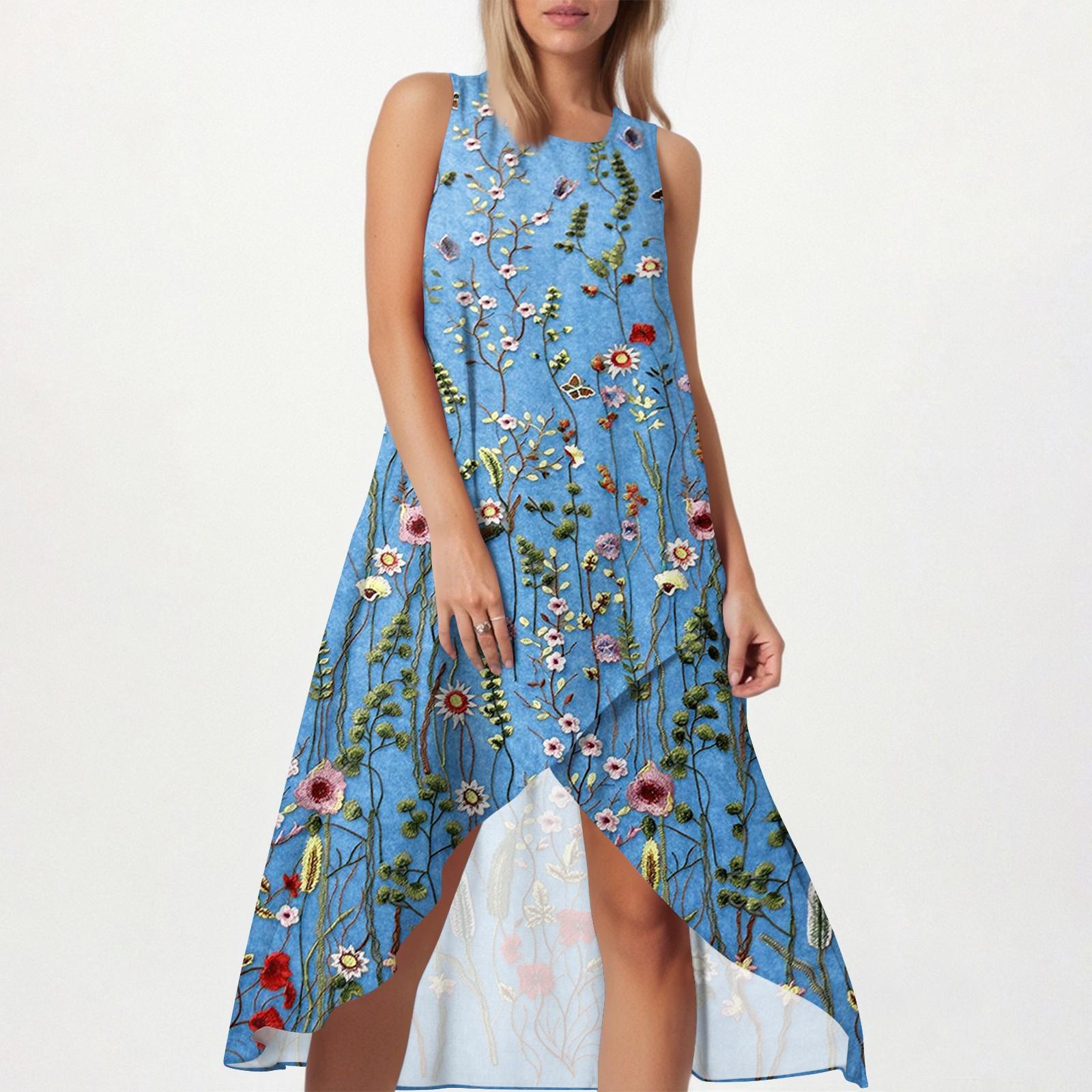 

Женское свободное повседневное модное платье с квадратным круглым вырезом, однотонное, пляжная юбка с разрезом сбоку, без рукавов, юбка из хлопка и льна XXL синий