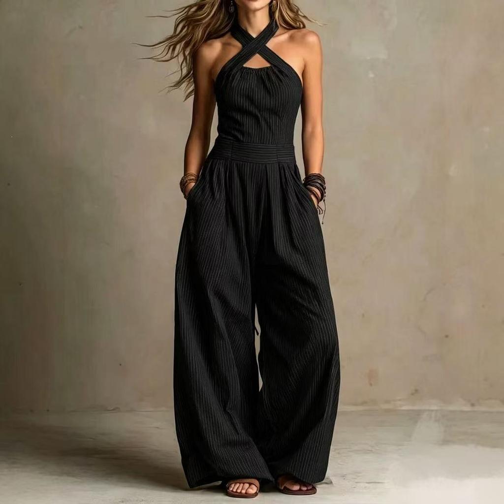 Women's Halter Sleeveless High Waist Loose Wide Leg Jumpsuit Solid Striped Casual Long Pant Romper For Vacation Daily Wear