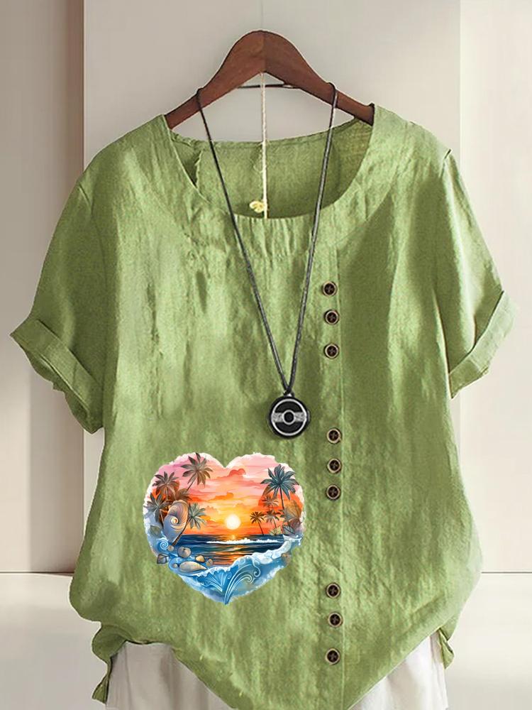 Women's Fashion Heart Shaped Scenery Print Round Neck Short Sleeve T-shirt Casual Cotton Linen Graphic Shirt Leisure Loose Summer Blouse Tops