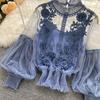 Women Party Shirt Flower Applique See-through Mesh Lantern Sleeve Thin Lace Shirring Elastic Cuff Round