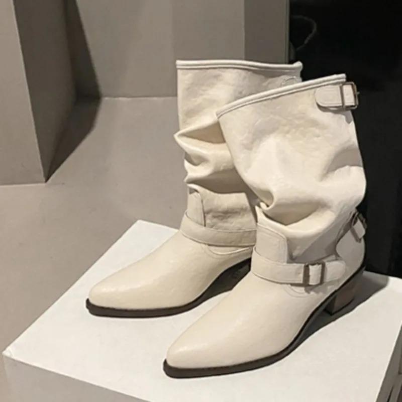 Metal Belt Buckle Block Heel Single Boots Women's Fashion Pointed Toe Pleated Anti-Slip Wear-Resistant Mid-Tube