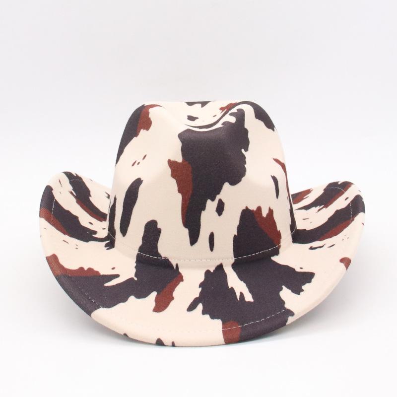 Western Cowboy Hat Jazz Style Retro Cow Pattern Printed Upturned Brim Hat Sunshade Sunscreen Mountaineering Hat