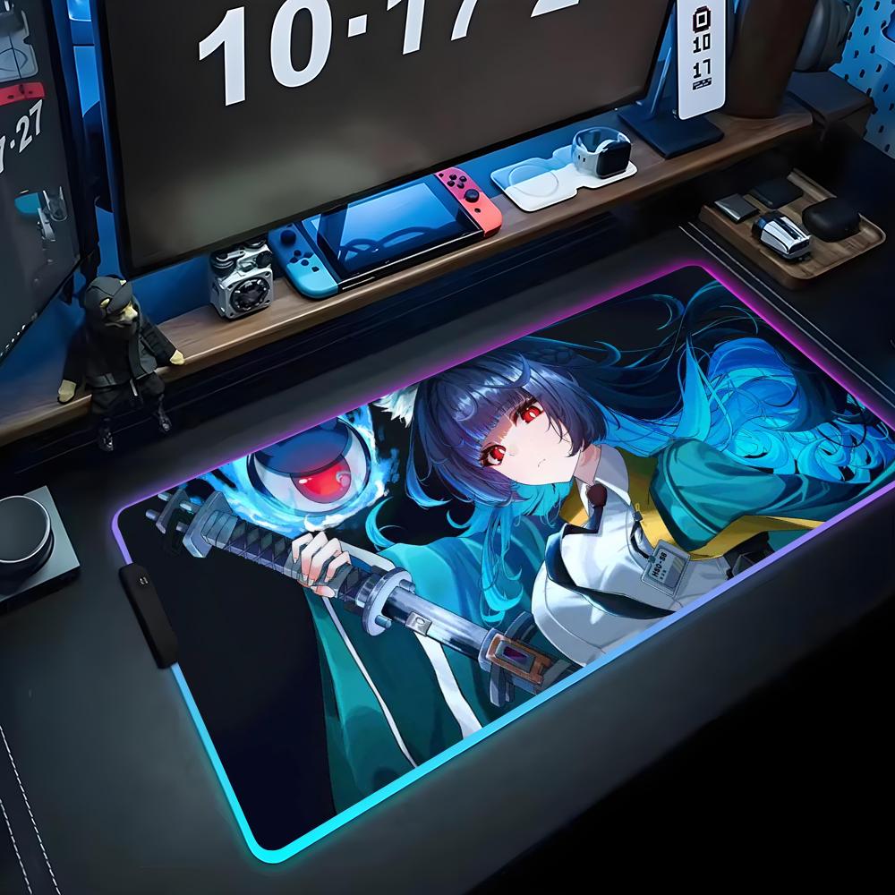 Miyabi Hoshimi Mouse Pad RGB Gaming Mousepad Big LED Pad PC Desk Mat Luminous Mouse Pad Large Keyboard Mats Table Rug With