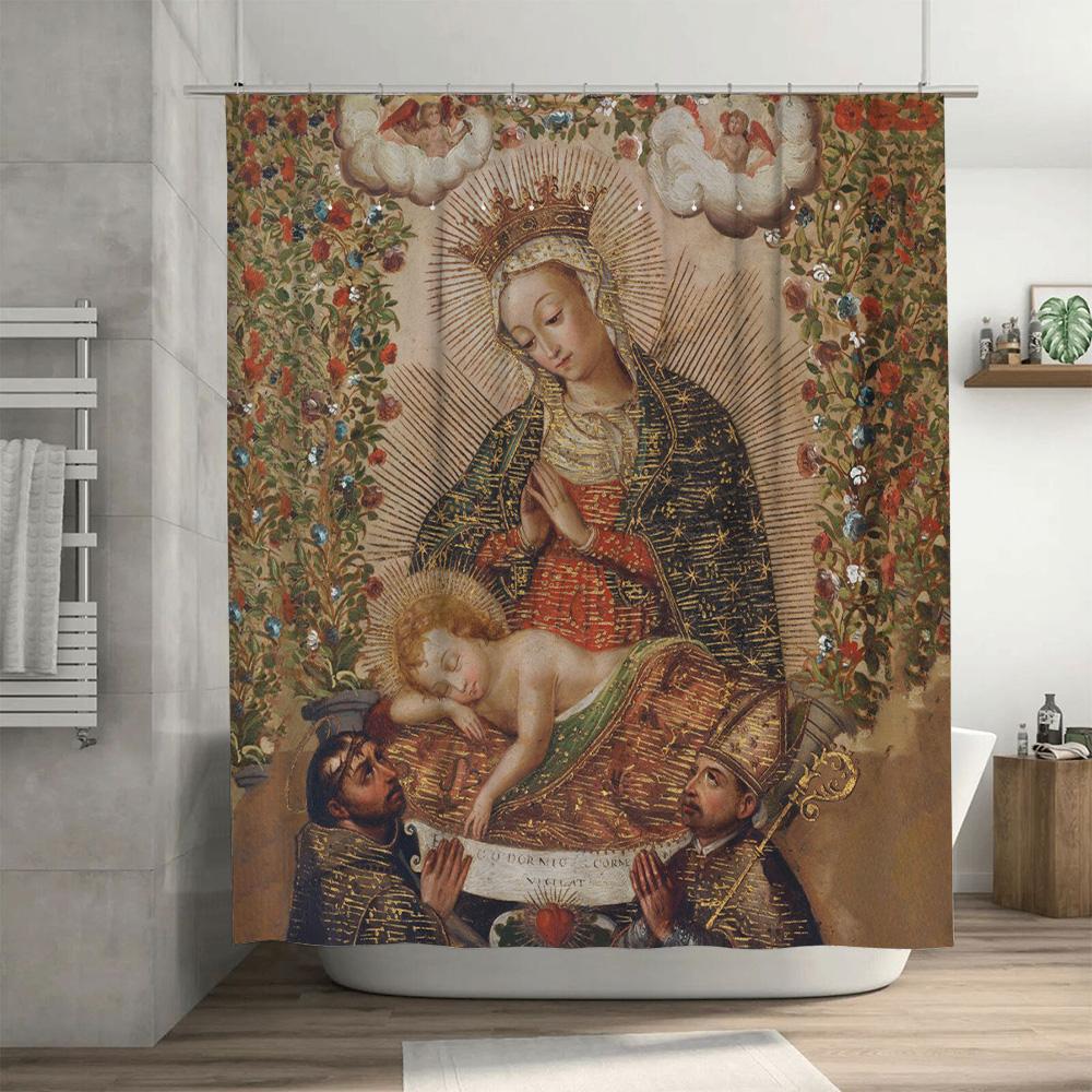 Vintage Religious Madonna Shower Curtain Set Christian Holy Mother Bath Decor With Cross Pattern For Home Decoration