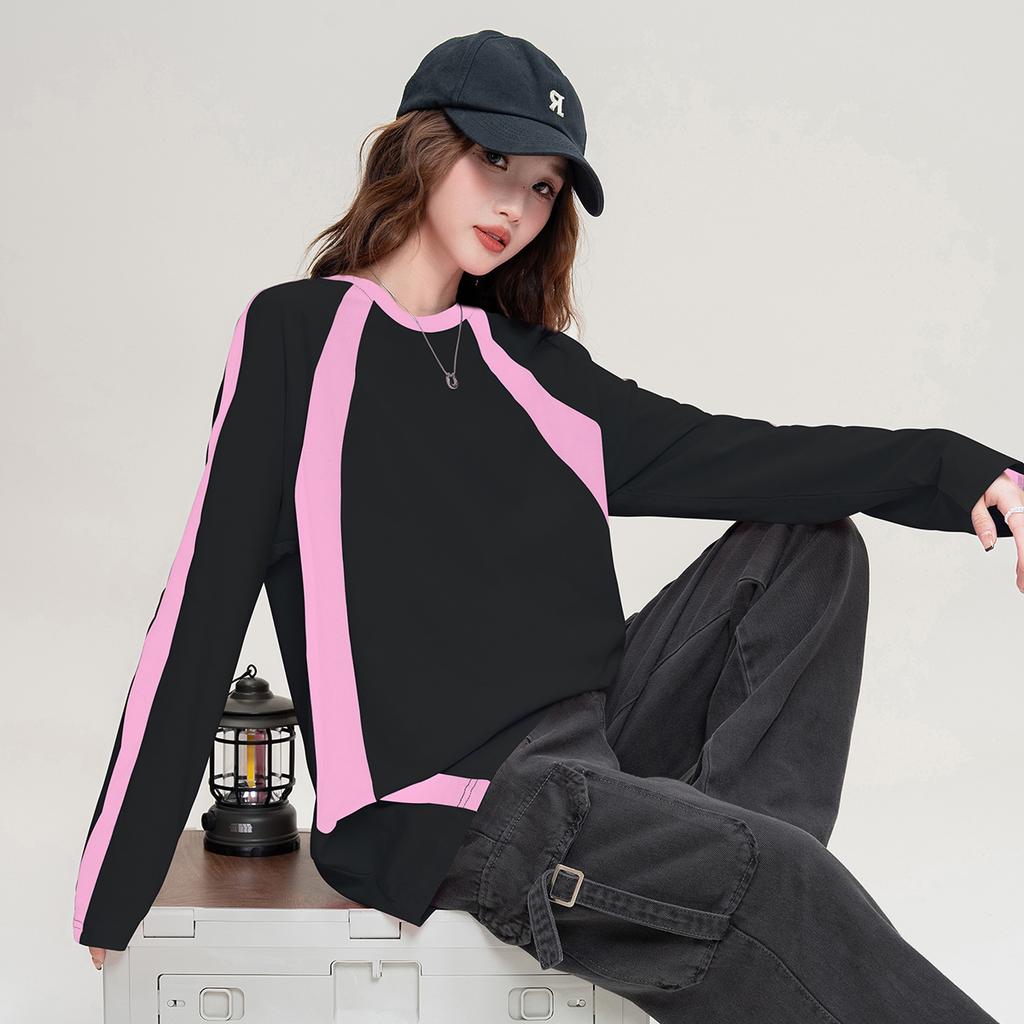Sweet and cool style contrasting long-sleeved T-shirt for women