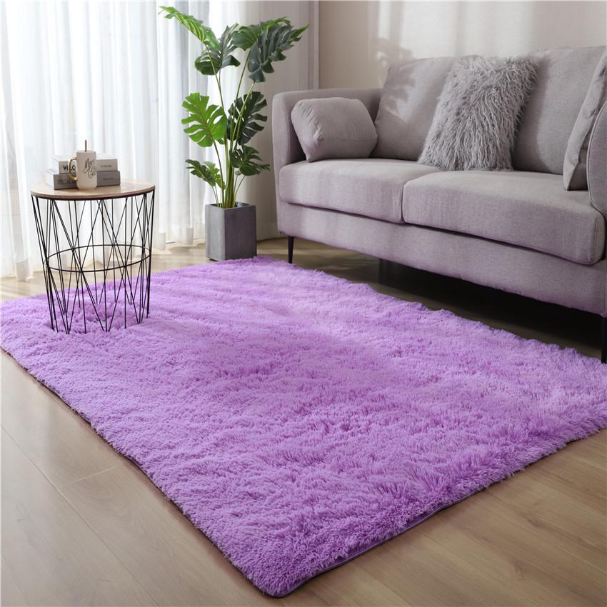 Long Pile Silk Wool Carpet - Full Coverage Bedroom and Living Room Rug, Solid Color