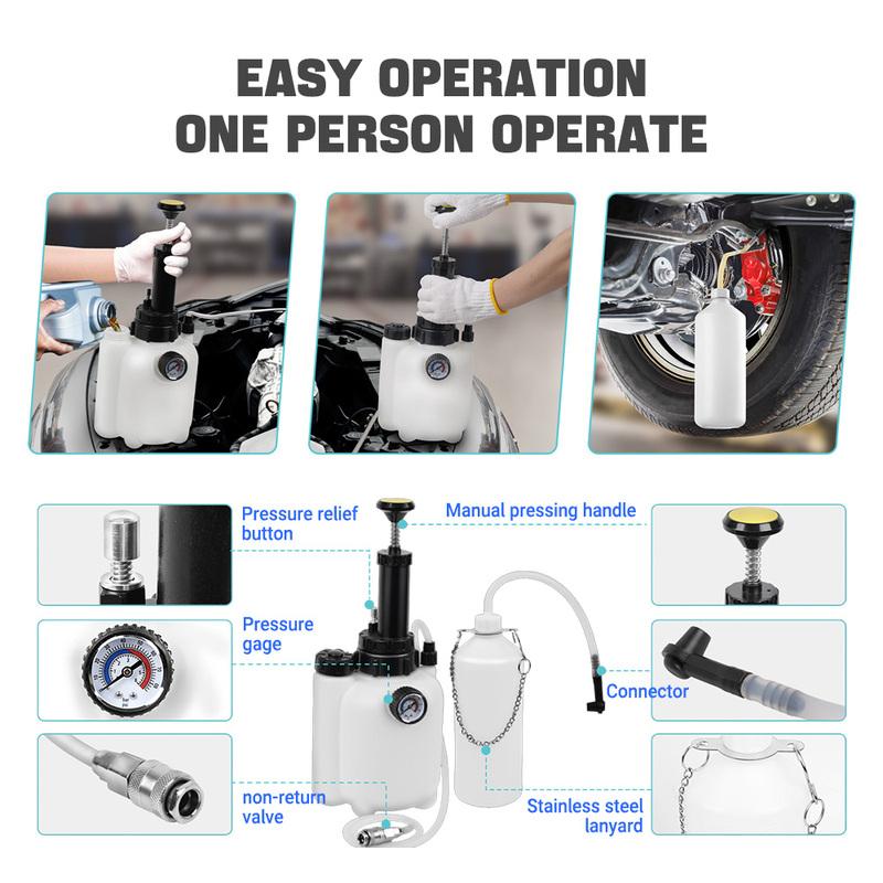 4 Port Manual Brake Fluid Changer with Waste Oil Pot Adapter Wrench 3L Automotive Brake Oil Replacement Tool Pressure Pumping