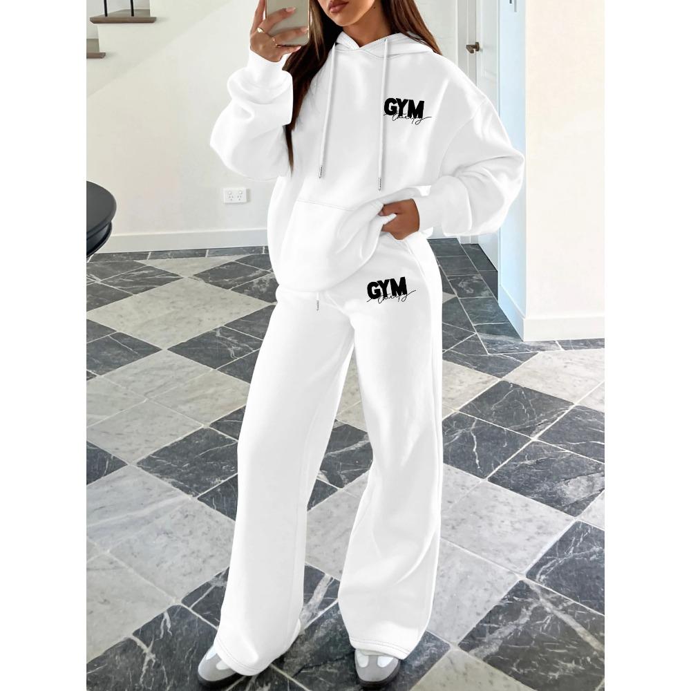 Set Trendy con Stampa di Lettere, Felpa con Cappuccio e Pantaloni Larghi da Ginnastica, Set Due Pezzi Pigro Casual, Set Stile Street