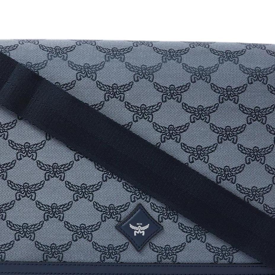 MCM Vintage Silberfarbene Metallaccessoires Blumenaufnäher Lederbesatz Schulter-Crossbody-Tasche Kleine Herren-Taschen Blau MMMESAC01LI001