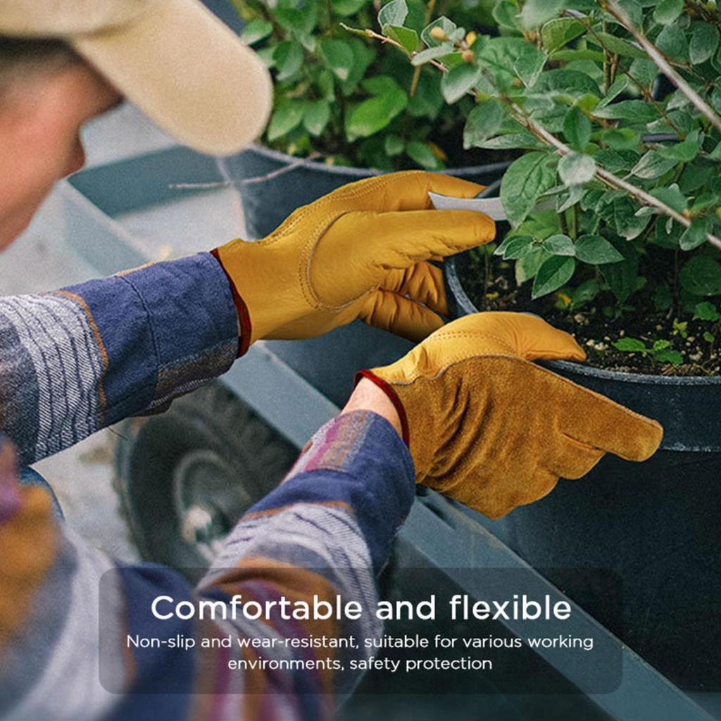 Gardening Gloves Men's Full Leather Work Gloves with Durable Cowhide Leather Breathable Grain Fabric Suitable for Pruning Cacti