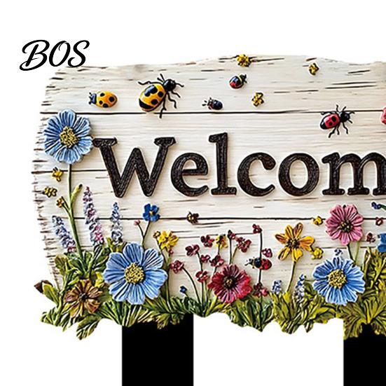 Yard Welcome Sign Floral Garden with Stake, Farmhouse Sign, Colorful Flowers Stake Art Rustic for Home Pathway Planter Decor Flower Pot