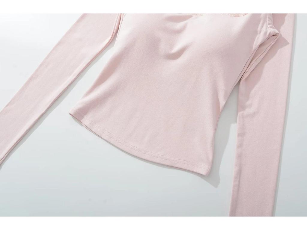 Women's Pure Desire Lace Trim Long Sleeve Slim Fit Top with Chest Pads - Ideal for Spring and Autumn