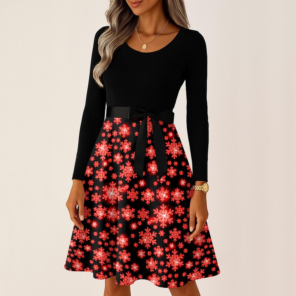 Damskie Codzienne Modne Długie Sukienki Vintage z Długim Rękawem i Świątecznym Nadrukiem Graficznym
