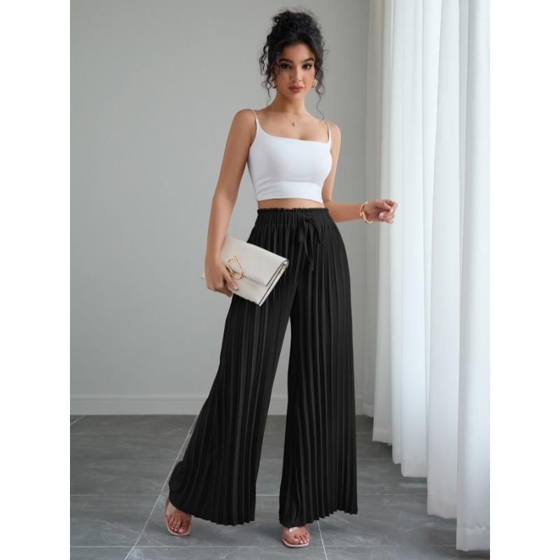 Fashion Loose Pleated Women's Long Pants Solid Color New Folded Elastic Waist Strap Loose Wide Leg Pants Casual Drawstring Trousers